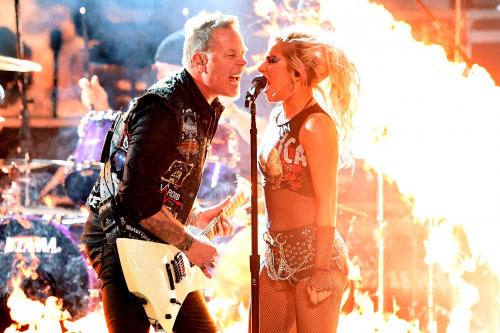 LOS ANGELES, CA - FEBRUARY 12: Recording artists James Hetfield (L) of music group Metallica and Lady Gaga perform onstage during The 59th GRAMMY Awards at STAPLES Center on February 12, 2017 in Los Angeles, California. (Photo by Kevin Winter/Getty Images for NARAS)